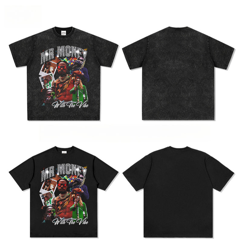 Marcas streetwear usa vintage hip hop Asake print short sleeve t-shirt