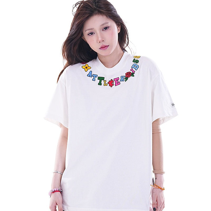 Hip Hop Clothes New York Necklace Embroidered Short Sleeve T-Shirt Summer Loose Top