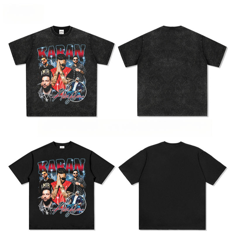 Outfit streetwear vintage hip hop Karan Aujla print short sleeve t-shirt
