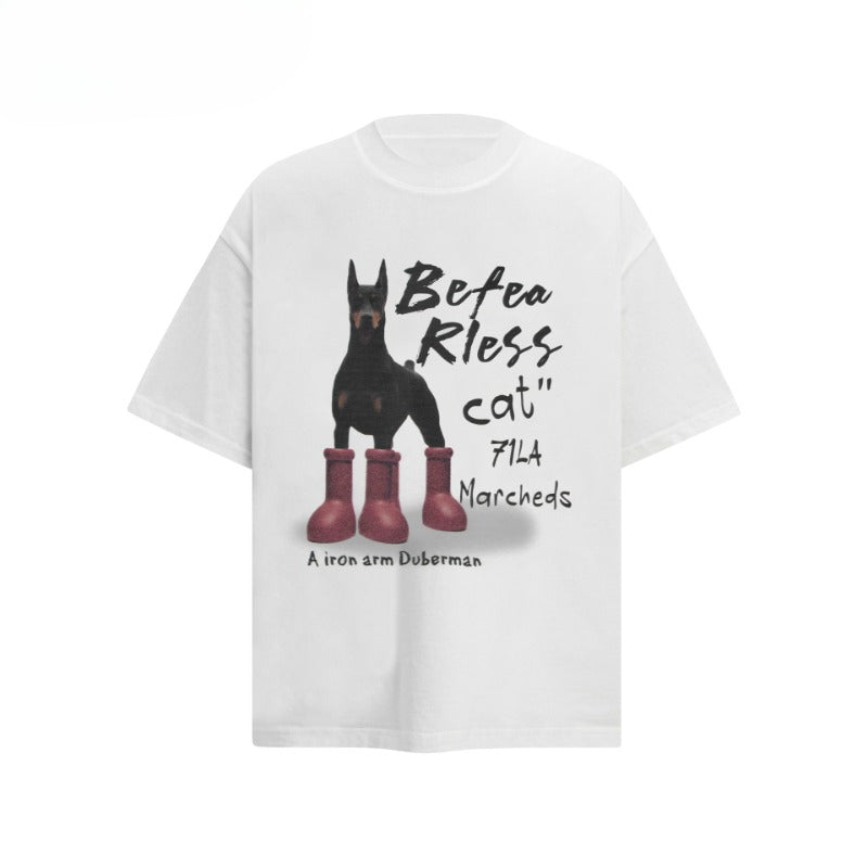 80s And 90s Vintage T Shirts Vintage Washing Water Old Red Boots Puppy Short Sleeve Crew Neck T-Shirt