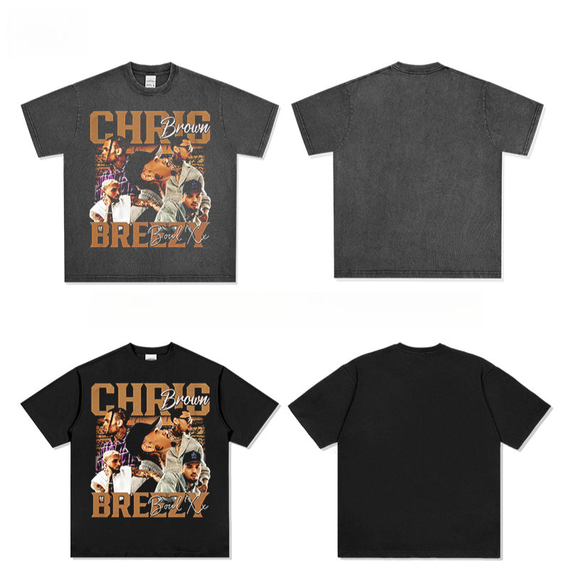 Streetwear masculino vintage hip hop Chris Brown print short-sleeved t-shirt