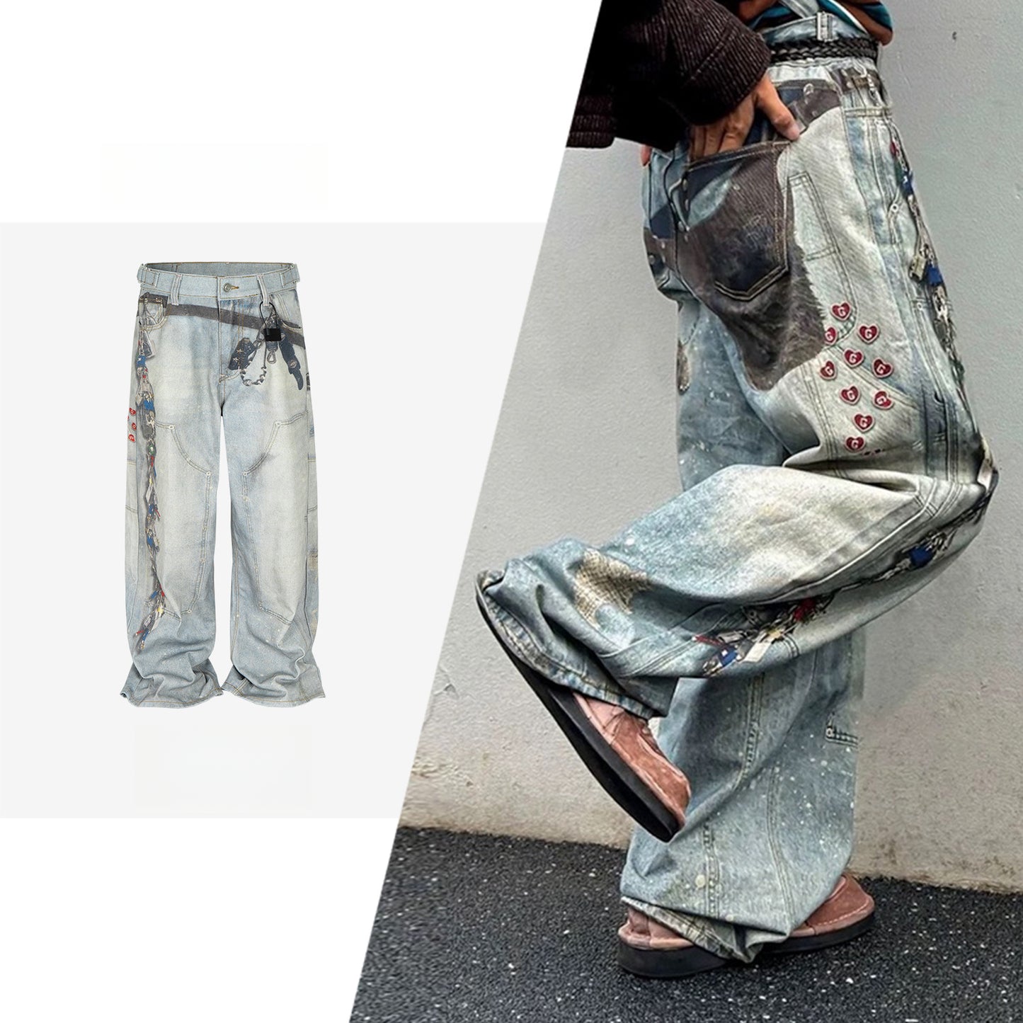 Rock Revival Jeans Key Chain Love Digital Printed Jeans Straight Wash Trousers
