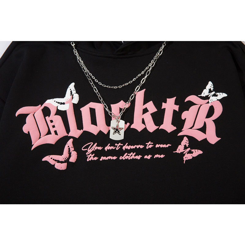 Streetwear Hoodie Butterfly Letter Foam Print Hooded Sweater Autumn Loose