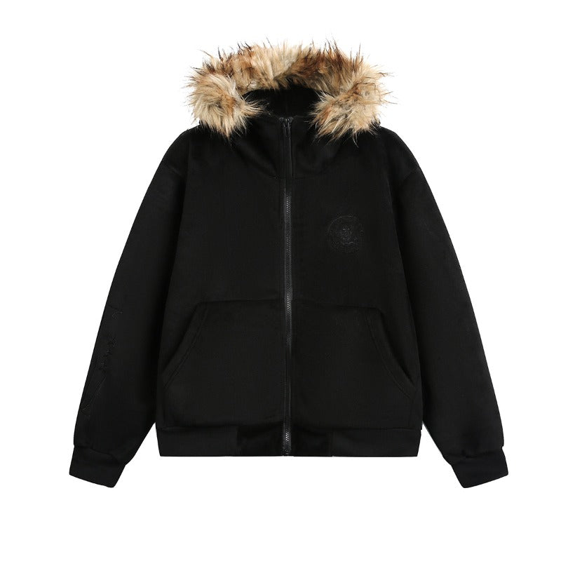 Unisex Down Jacket Men's Autumn Vintage Fleece Neck Plush Zip Hoodie