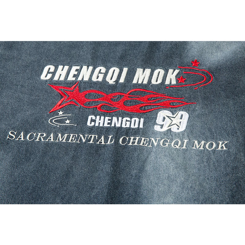 Marcas De Streetwear Letter Embroidered Loose Denim Long Sleeve T-Shirt