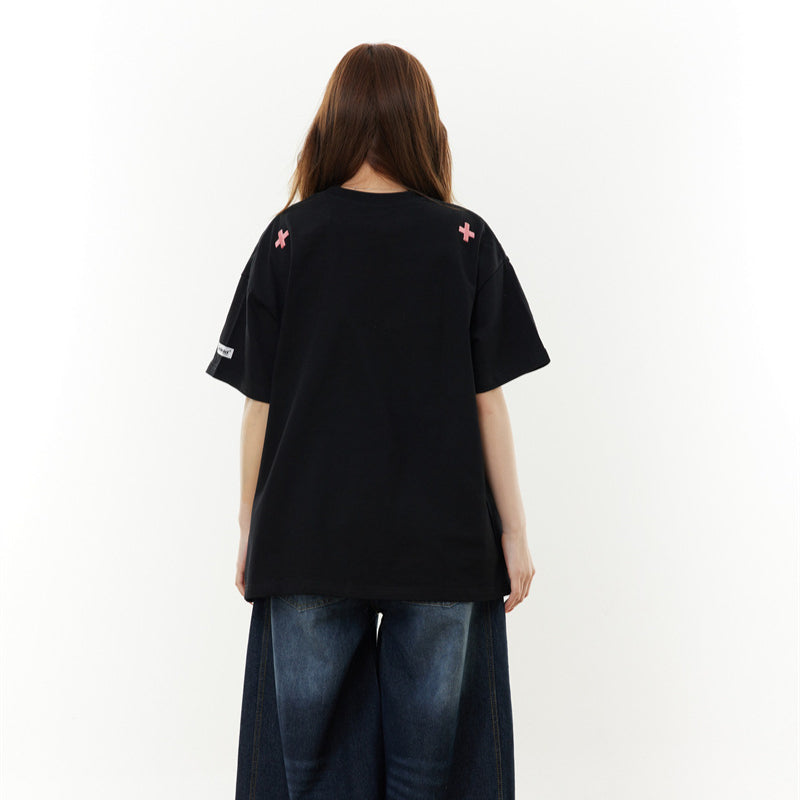 Camisas Retros Embroidered Printed Short Sleeve T-Shirt Summer Loose Casual Top
