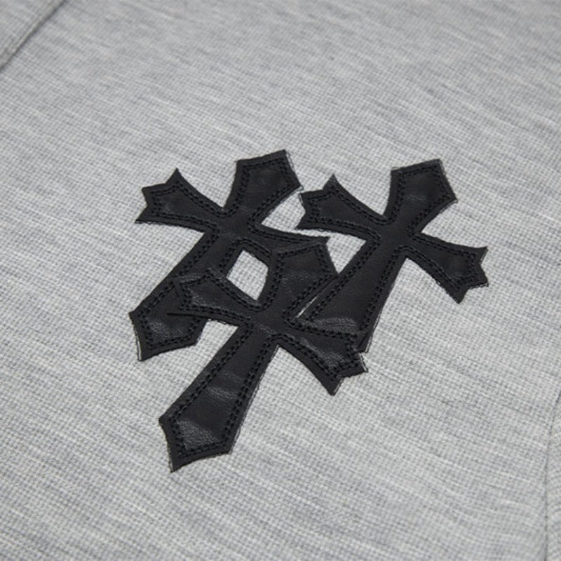 Marcas De Streetwear Vintage Cross Leather Embroidered Crew Neck Short Sleeve T-Shirt