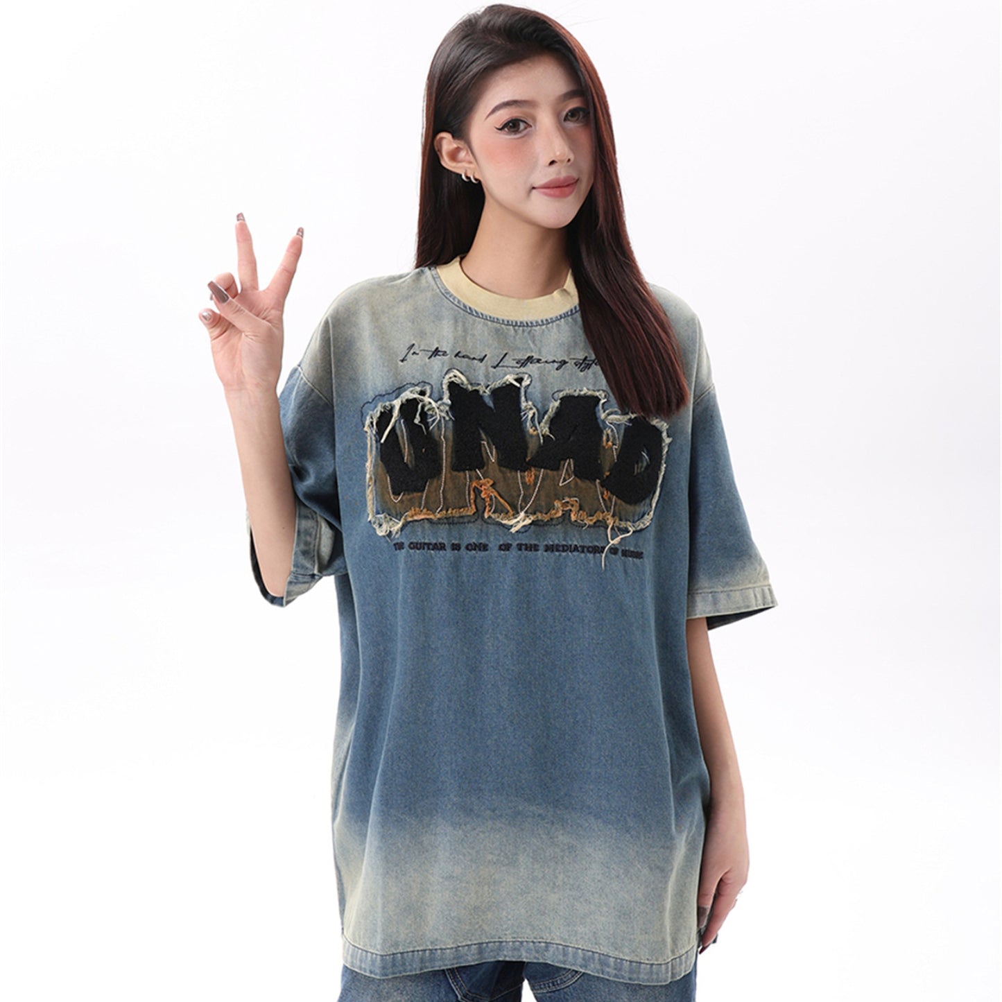Vintage tarz t shirt vintage old denim short sleeve t-shirt summer loose casual top