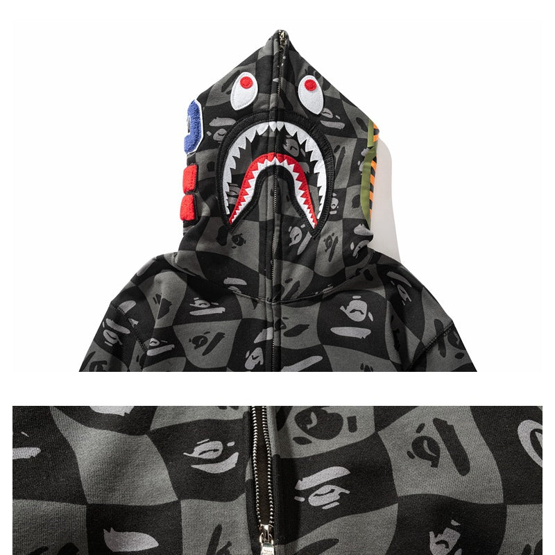 Ape Hoodie Checkered Embroidered Black and Grey Sweater Zipper Hooded Jacket Cardigan
