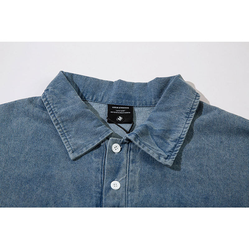 New York Hip Hop Style Washed Denim POLO Neck Long Sleeve T-Shirt Loose oversize