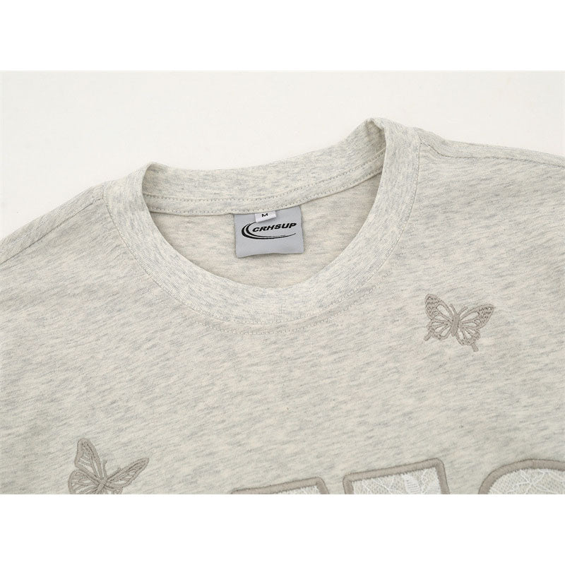 US drip outfits Summer Vintage Embroidery Meter Casual Loose Short Sleeve T-Shirts