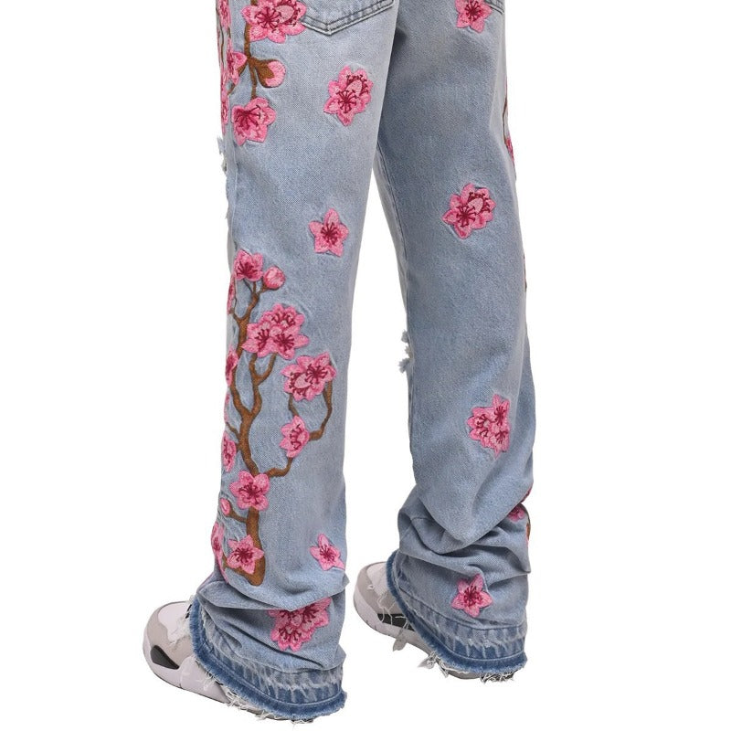 1990 Fashion Jeans Blue Plum Blossom Embroidered Trousers