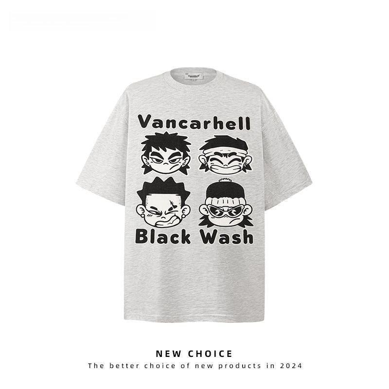 American vintage street T-shirt cartoon character print men loose half sleeve