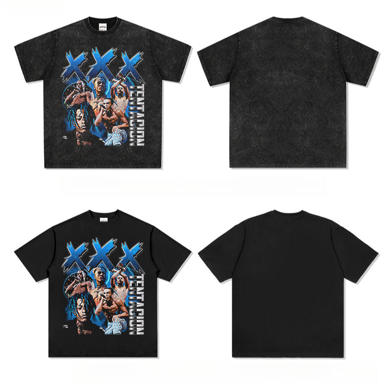 Streetwear masculino vintage hip hop rap XXX Tentacion print short sleeve t-shirt
