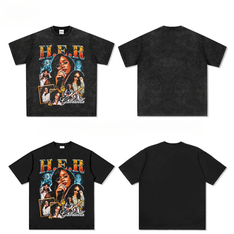 Outfit streetwear vintage hip hop HER print short sleeve t-shirt
