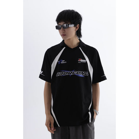 Racing oversized t shirt retro t-shirt print lapel