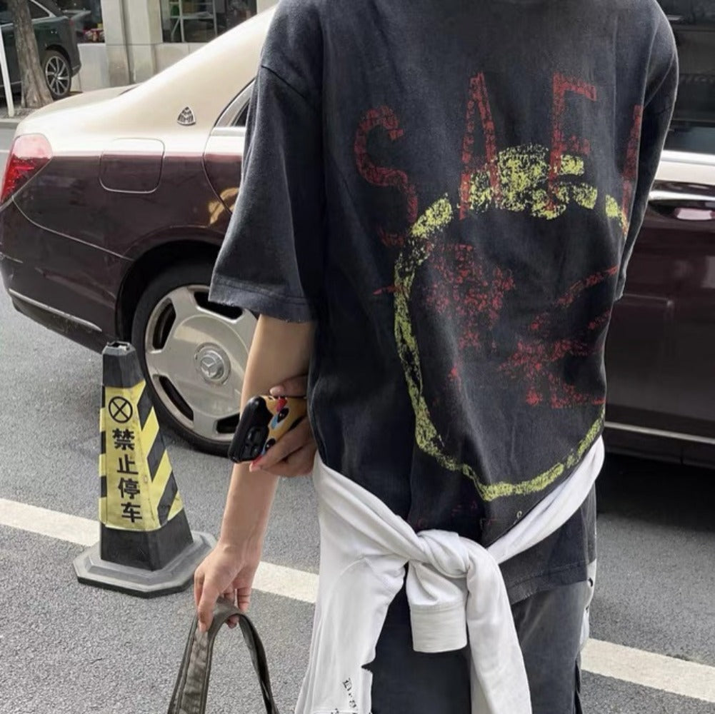 Streetwear Eua t-shirt washed and old short-sleeved men's peace dove print loose crew neck t-shirt