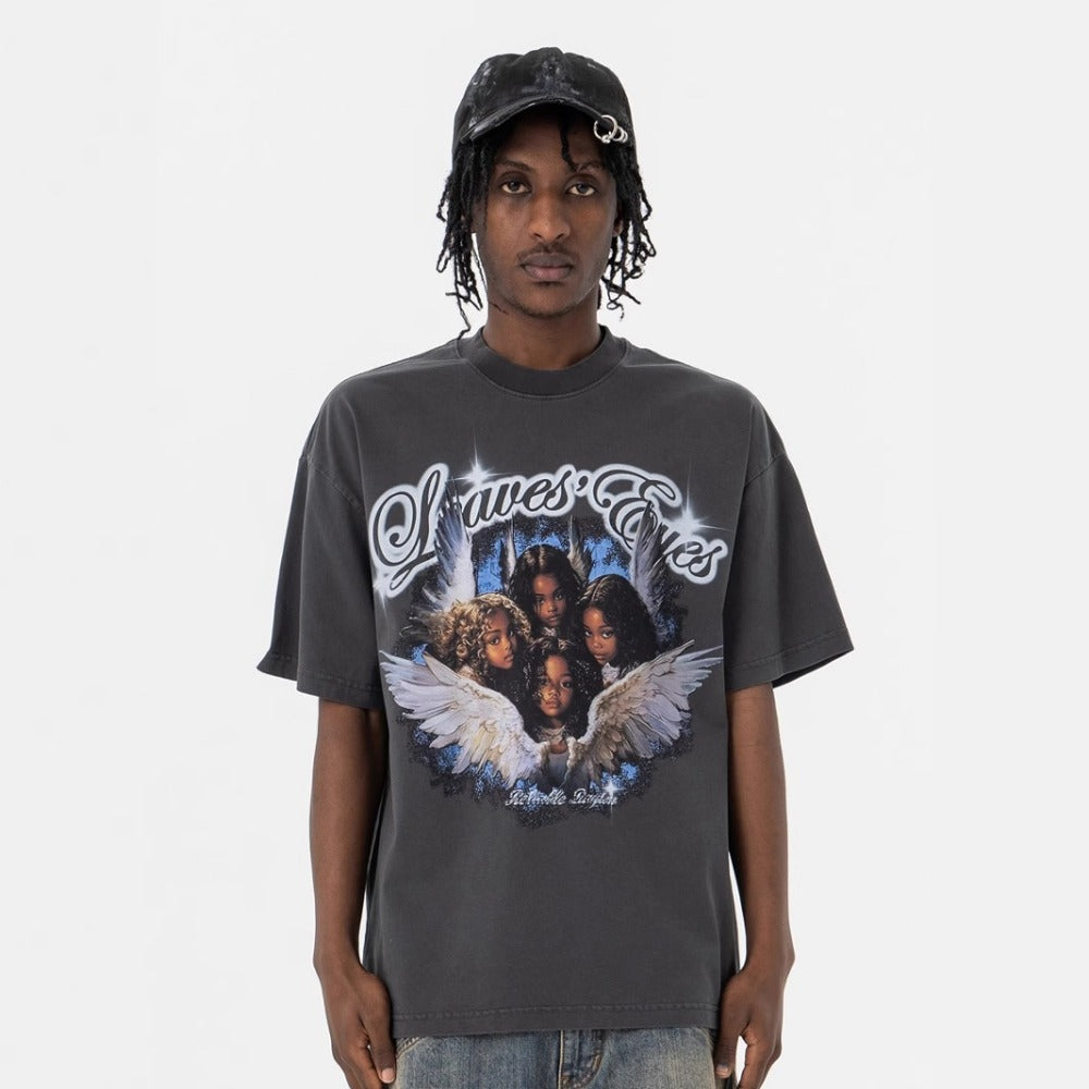 Vic Streetwear Summer Vintage Angel Print Crew Neck Short Sleeve T-Shirt