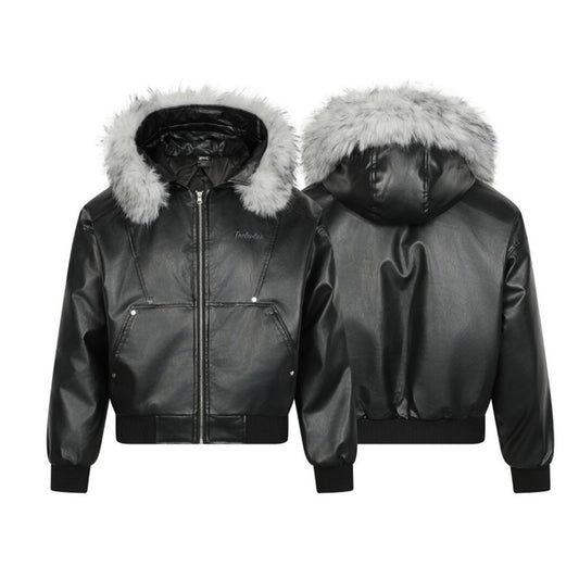 Unisex Down Jacket Vintage Leather Padded Fur Collar Jacket