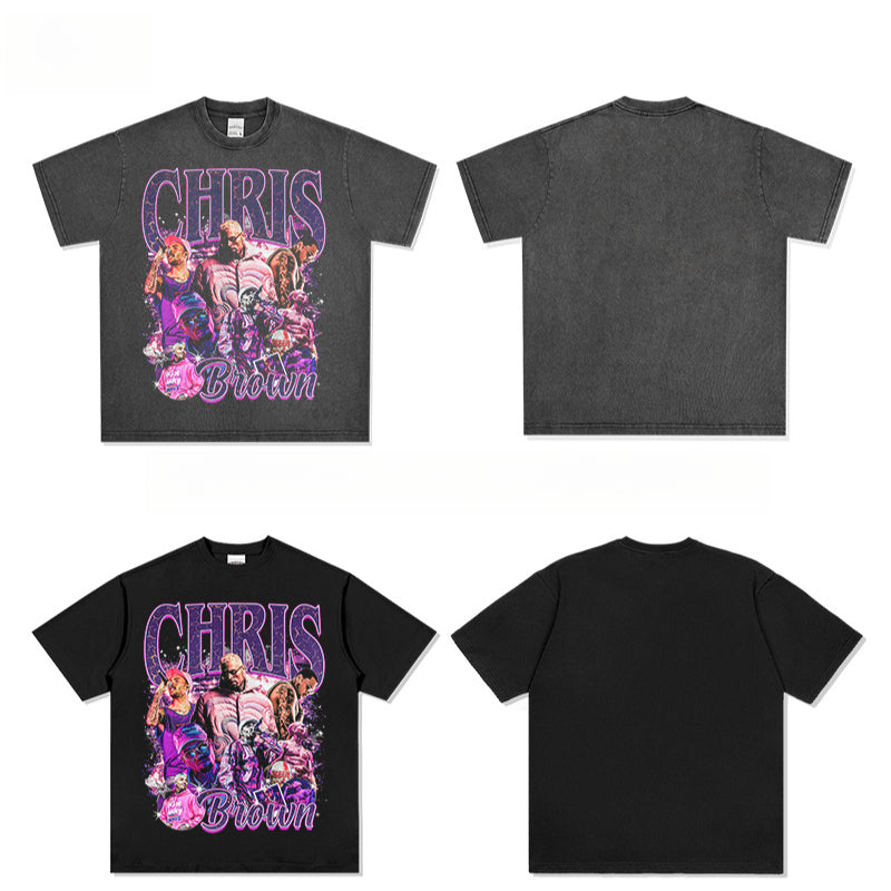 Streetwear masculino vintage hip hop chris brown print short sleeve t-shirt