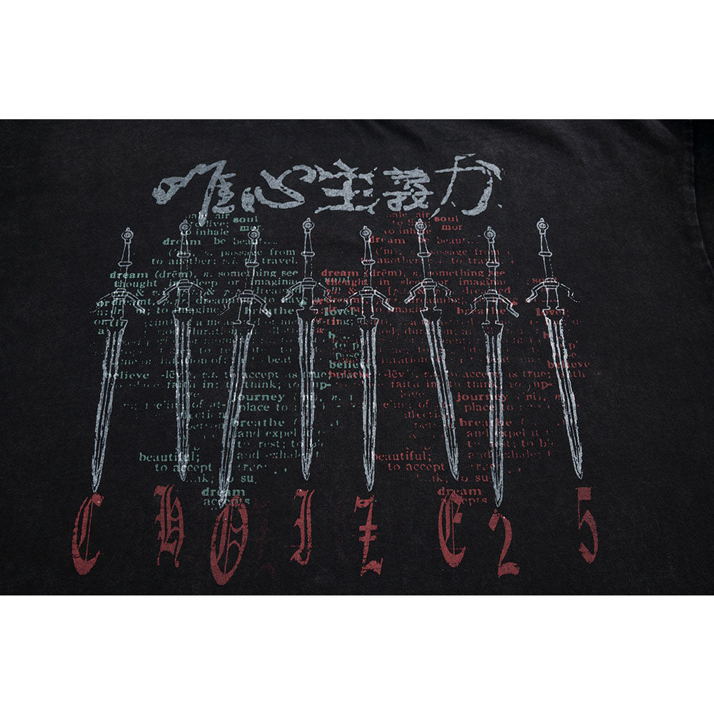 Nostalgia T Shirts Vintage Washed Short Sleeve T-Shirt Summer Sword Print Loose Casual