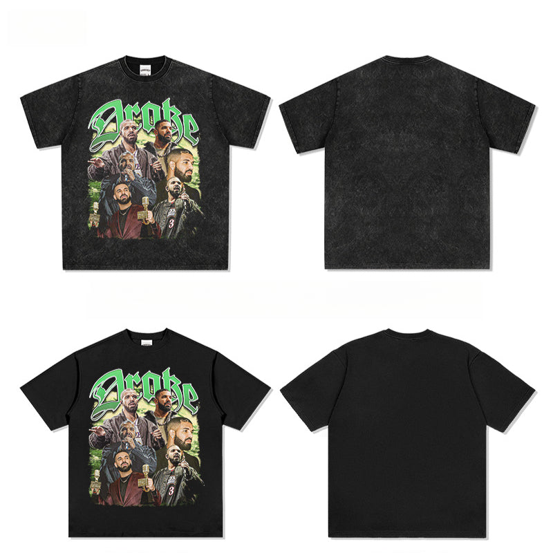 Cool t rapper Drake Printed Hip Hop Street Short Sleeve Vintage Washed T-Shirt Loose Top