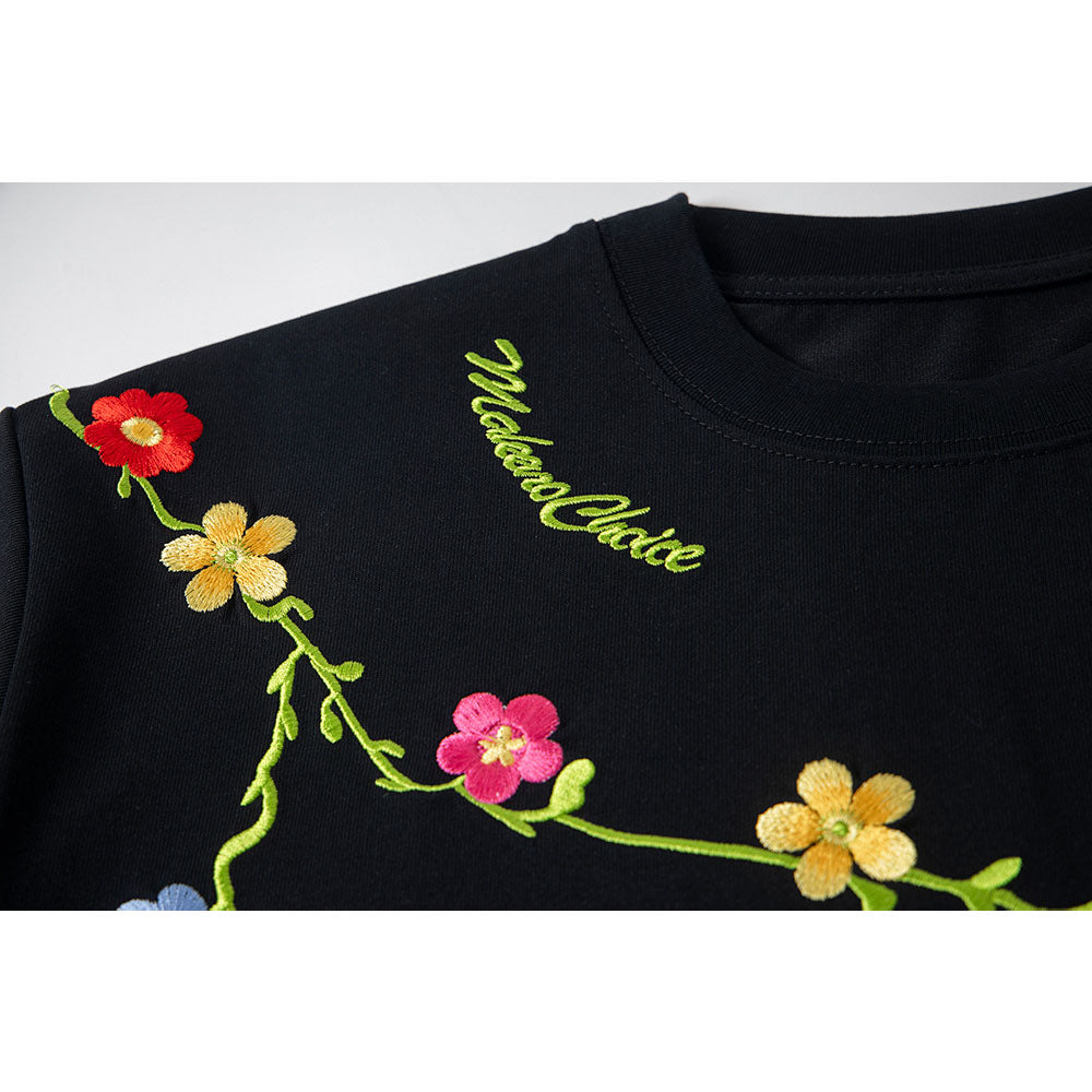 Hip Hop Clothes New York Vintage Floral Embroidery Short Sleeve T-Shirt