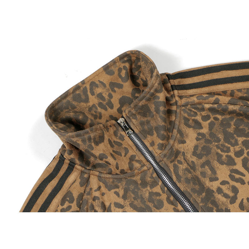 Streetwear Hoodie Vintage Leopard Sweater Loose Zip Stand-Up Jacket