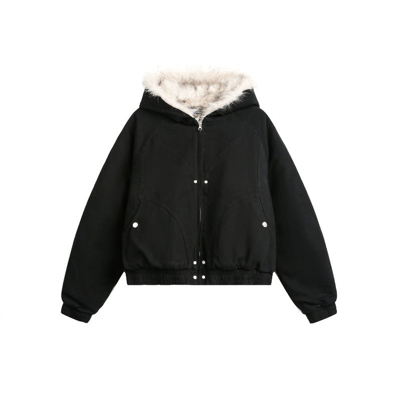 Unisex Down Jacket Winter Fleece Vintage Thermal Hooded Fur Collar Jacket