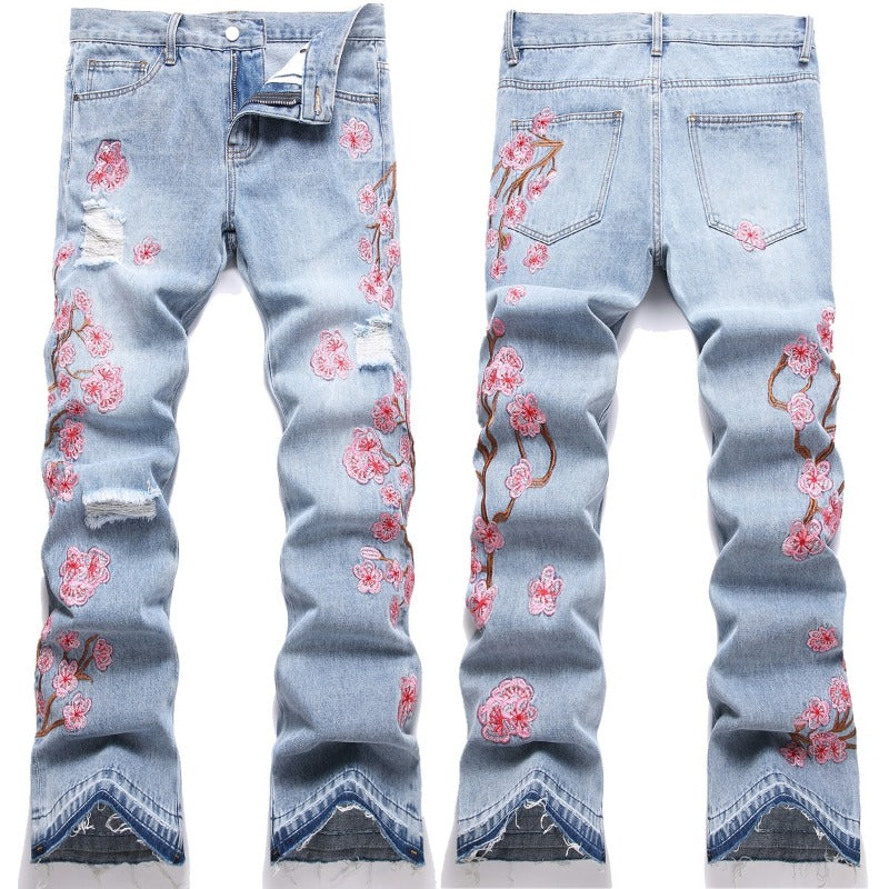 1990 Fashion Jeans Blue Plum Blossom Embroidered Trousers