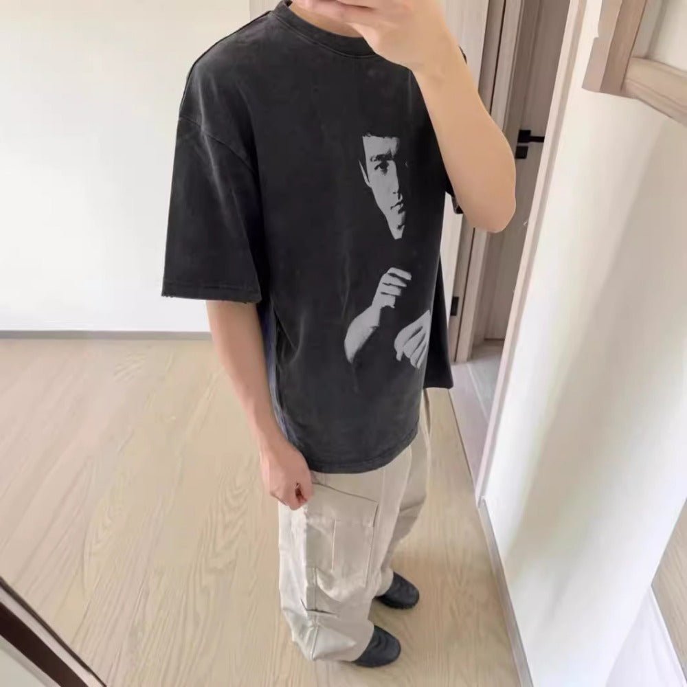 Streetwear Eua t shirt cleanfit Bruce Lee portrait washed old ripped loose t-shirt