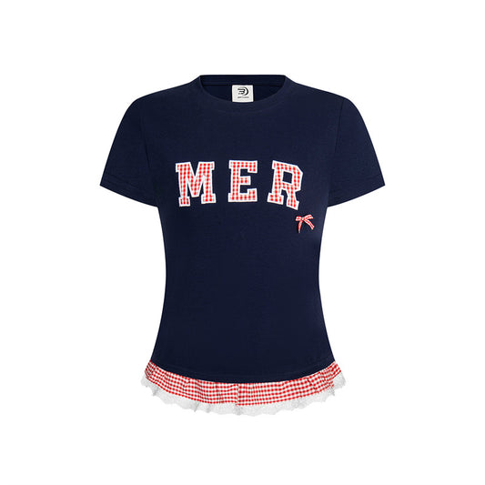 Casual Street Wear Embroidered Classic Alphabet Bow T-Shirt Crew Neck