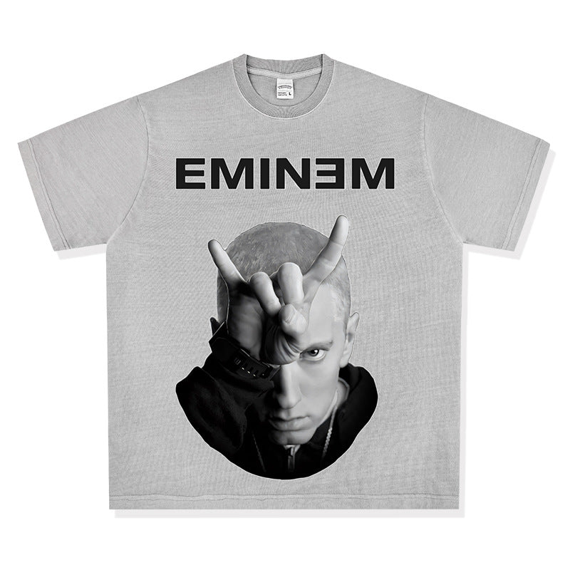 Streetwear masculino hip hop emperor Eminem vintage washed do old short sleeve t-shirt