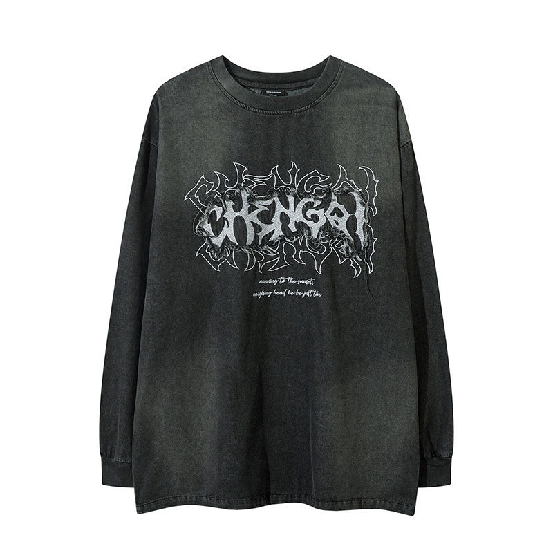 Marcas De Streetwear Vintage Old Alphabet Patch Embroidered Denim Long Sleeve T-Shirt