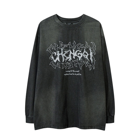 Marcas De Streetwear Vintage Old Alphabet Patch Embroidered Denim Long Sleeve T-Shirt