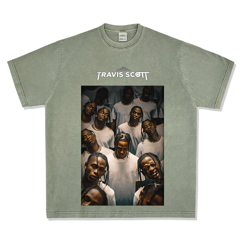 Streetwear masculino hip hop Travis scott rap character print washed do old loose short sleeve t-shirt