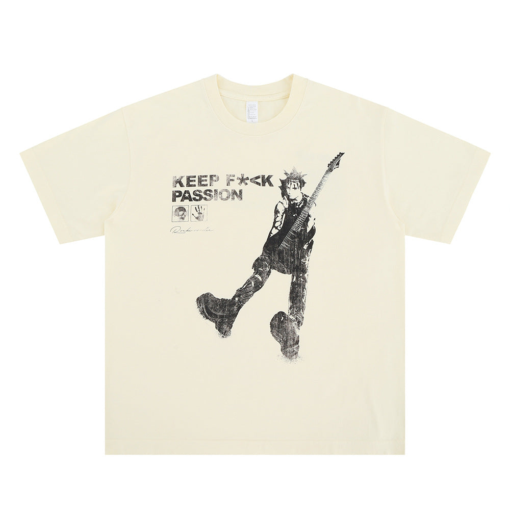 Vintage 90s Hip Hop Clothing Summer Hip Hop Guitarist Slogan Print Crew Neck Short Sleeve T-Shirt
