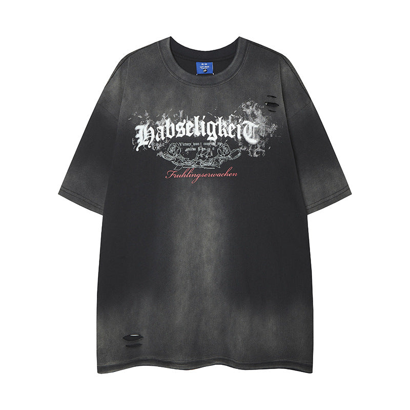 Camisas Retros cut holes and wash gradual change old letter print short sleeve t-shirt