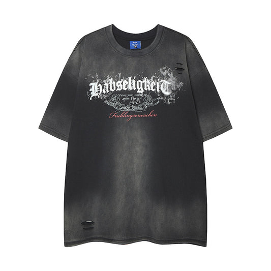 Camisas Retros cut holes and wash gradual change old letter print short sleeve t-shirt