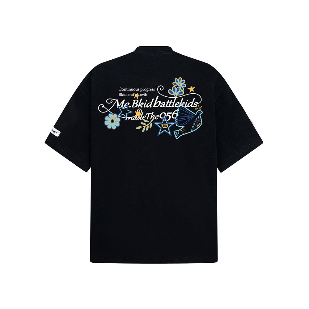 Hip hop shirt retro crew neck t-shirt embroidered letters loose casual