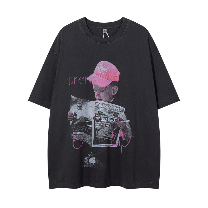 US drip outfits Summer Vintage Portrait Daily Pattern Casual Loose Short Sleeve T-Shirts