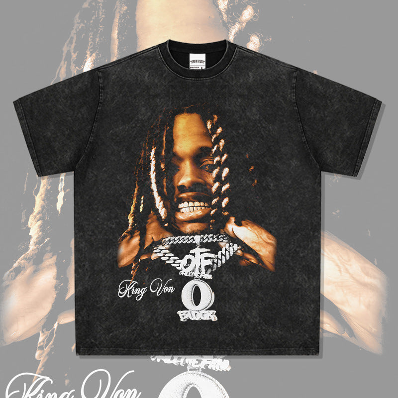 Streetwear masculino vintage hip hop King Von print short sleeve t-shirt