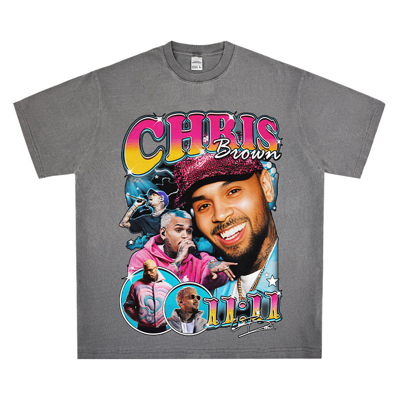 Streetwear masculino vintage Chris Brown print short sleeve t-shirt vintage
