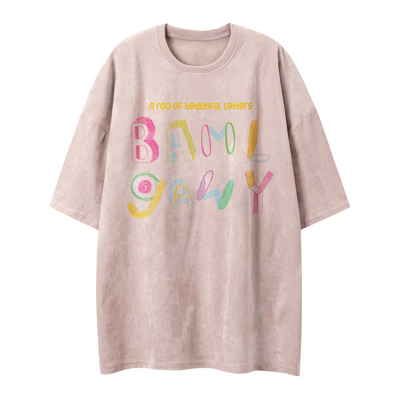 US drip outfits Summer Vintage Colorful Letter Print Casual Loose Short Sleeve T-Shirts