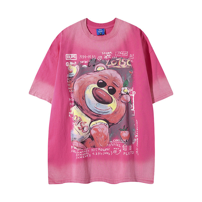 Nyc T Shirt Vintage Strawberry Bear Print Short Sleeve T-Shirt Summer Loose Casual Top