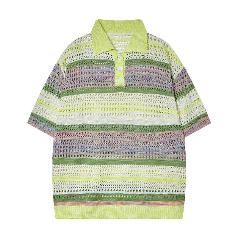 Camisas Retros retro stripes gradual change color spring and summer hollow knit sweater