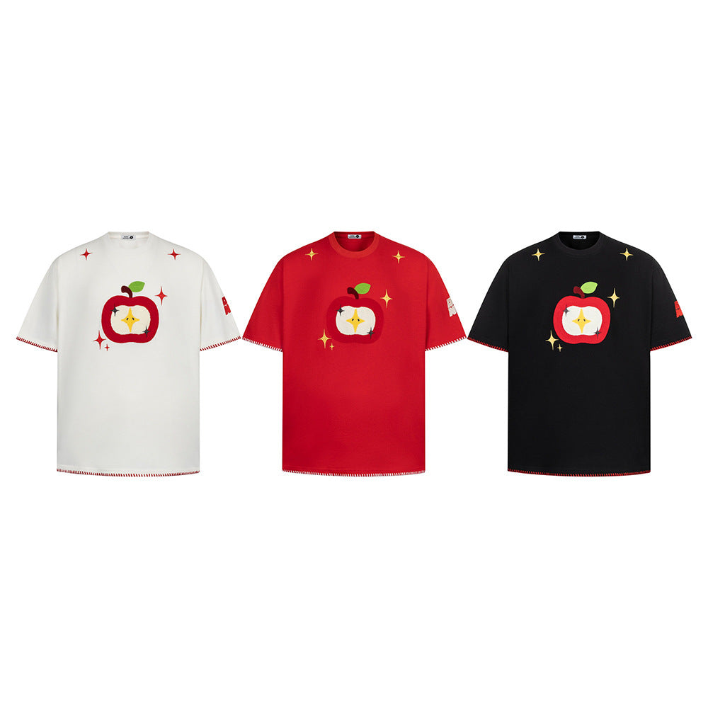 Hip Hop Clothes New York Vintage Embroidered Short Sleeve T-Shirt Crew Neck Apple Pattern Top