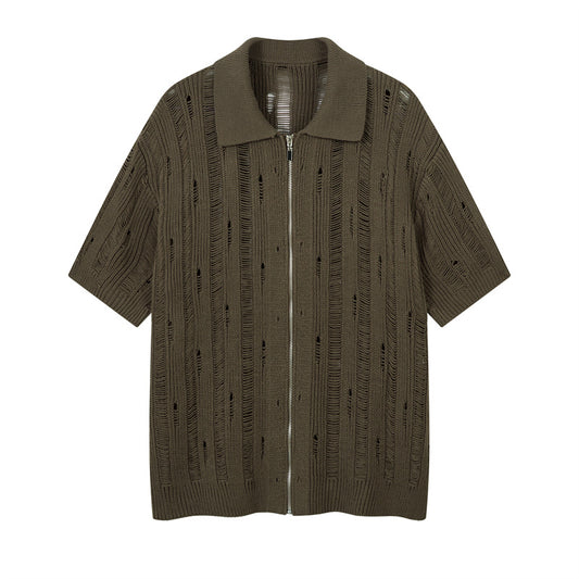 Casual Street Wear Vintage Hollow Knitted Short Sleeve Shirt Summer Casual Lapel Loose