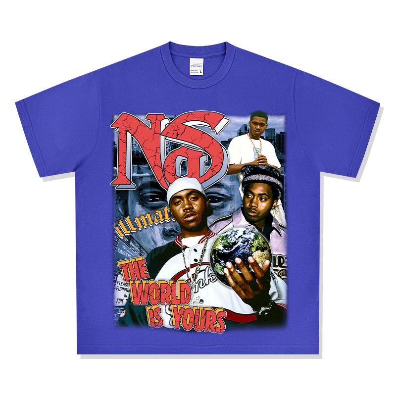 Streetwear masculino vintage hip hop nas print short sleeve t-shirt vintage