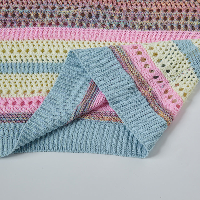 Camisas Retros retro stripes gradual change color spring and summer hollow knit sweater